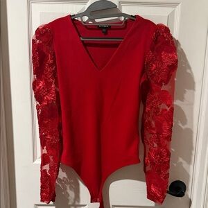 Express Red V-Neck Bodysuit with Embroidered Sheer Sleeves